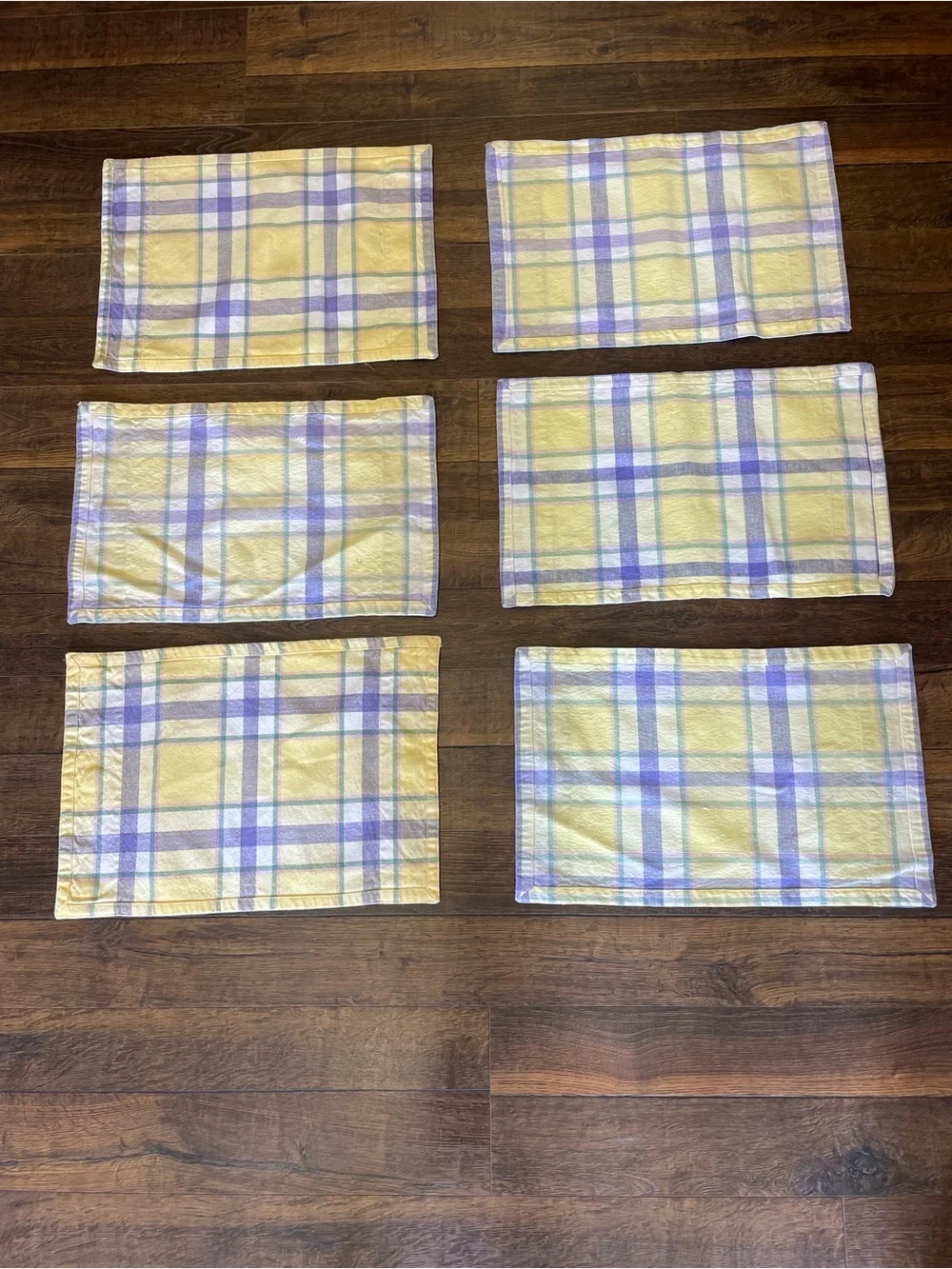 Set of 6 Lavender & Yellow Plaid Placemats with Wood Buttons, Preppy, Linens